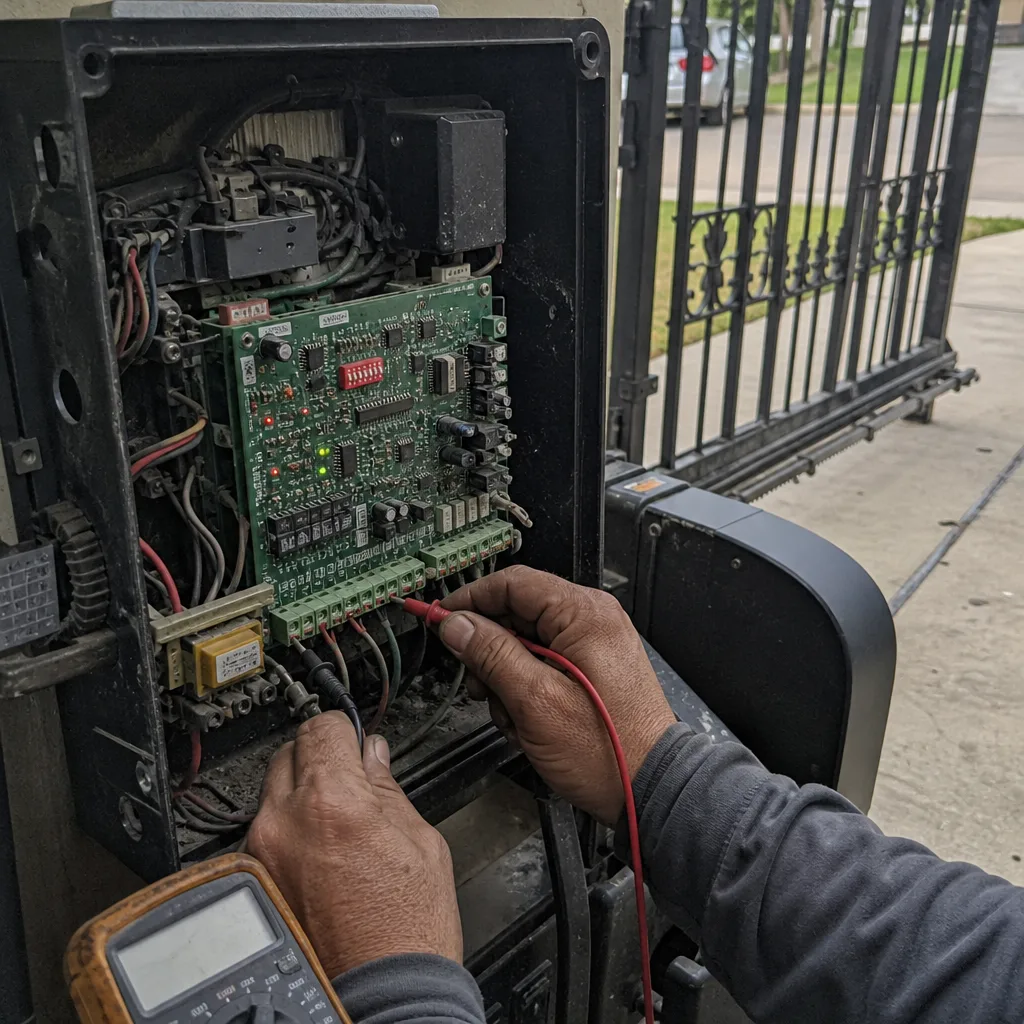 Technician using a multimeter to repair an electric gate control board.