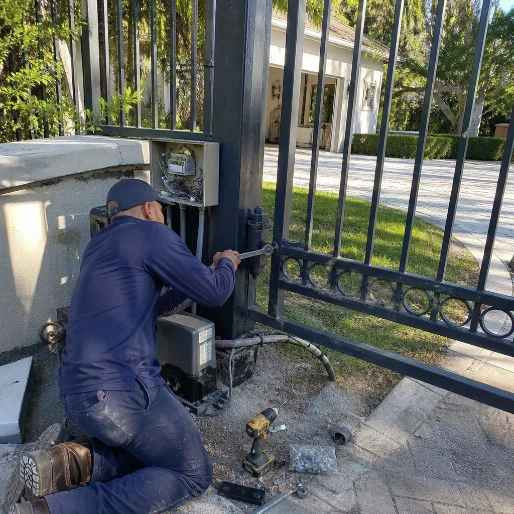 Technician performing professional gate opener repair and maintenance