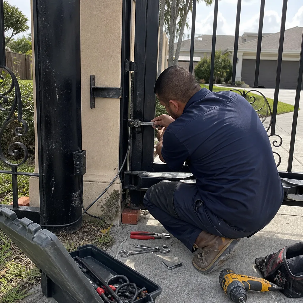 Technician performing professional driveway gate opener repair and maintenance