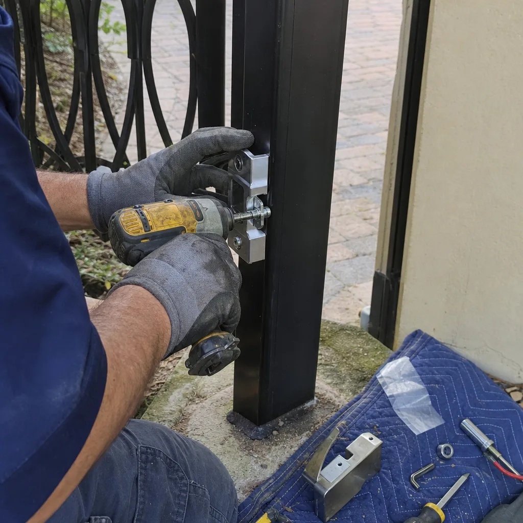 Technician using a power drill to install a metal gate latch